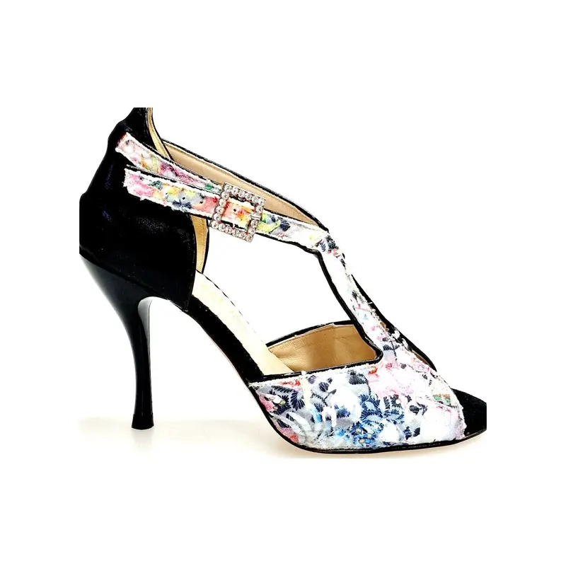 1557H (401) Sandalo in Tela Acquarello Disegno Floreale a Rilievo Tallone in Lurex Nero con Tacco a Spillo - Latino Americano
