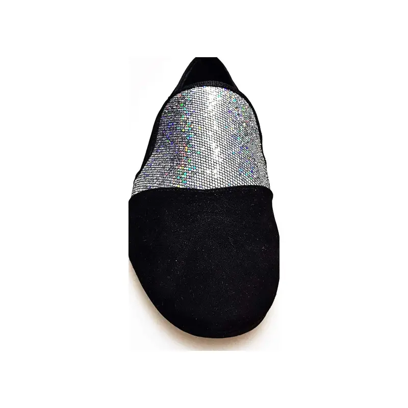 Aaron (MS22) - Mocassino da Ballo Salsa Uomo in Camoscio Nero con Tessuto Boreale Argento Forma lunga