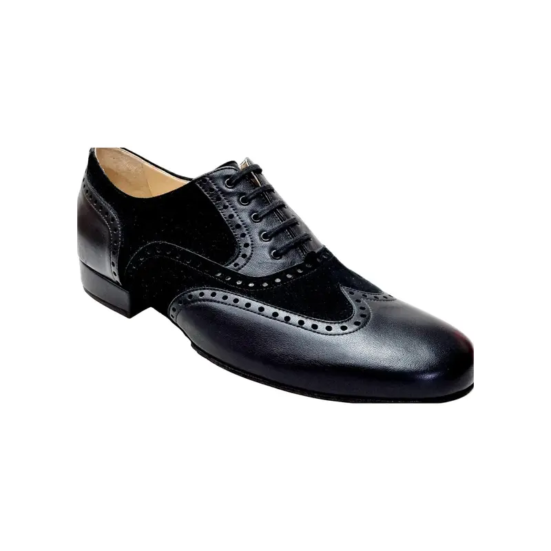 ADOLFO (811F Chicago Forata) - Stringata a Coda di Rondine Mod. Oxford Profili Forati in Pelle Nera e Camoscio Nero con Suola Divisa - Latino Americano
