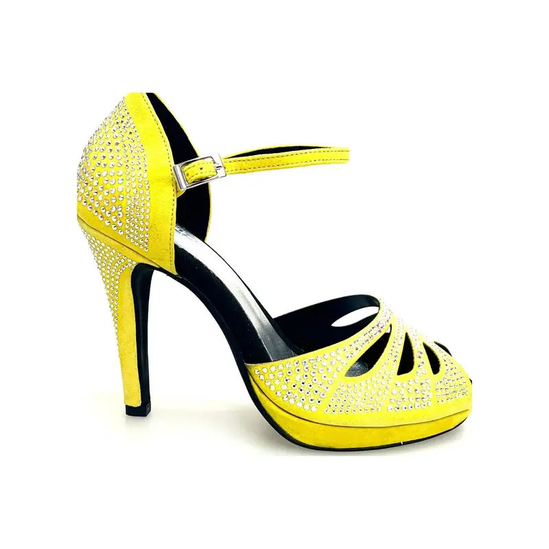 Alexa (LP4) - Scarpa da Ballo Kizomba Camoscio Giallo Fluò Con Swarovski Boreali Tacco Alto Spillo Largo e Platò Confort Flex