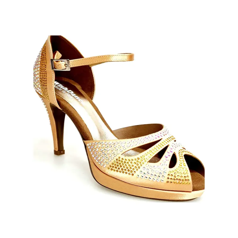 Alexa (LP4) - Scarpa da Ballo Salsa in Raso Carne Flash Con Swarovski e Tacco Basso a Spillo Largo e Plateau