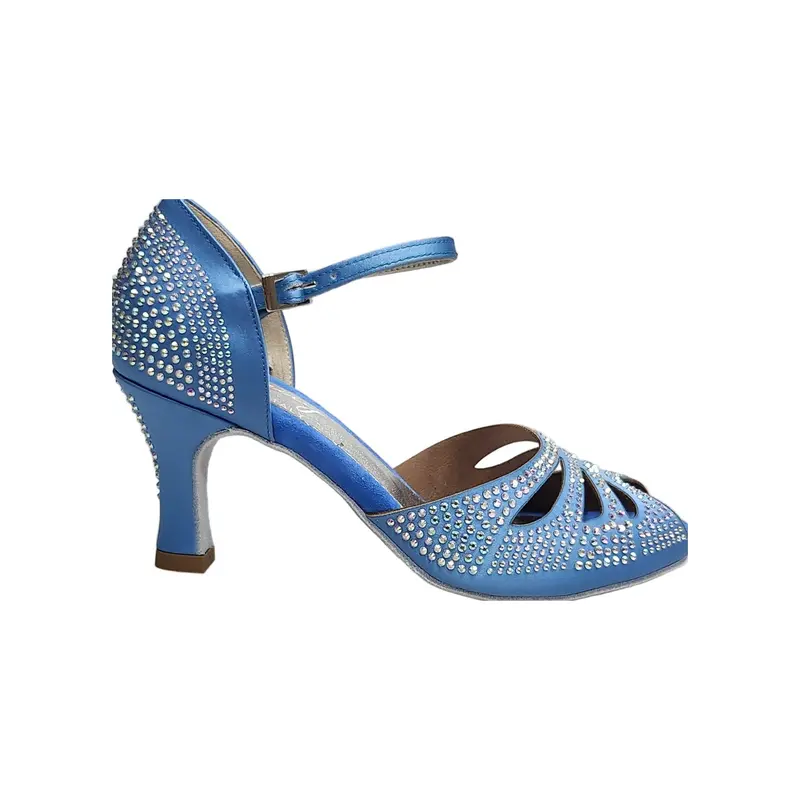 Alexa (LP4) - Scarpa da Ballo Salsa in Raso Seta Azzurro Cielo  con Swarovski Boreali con Tacco a Rocchetto