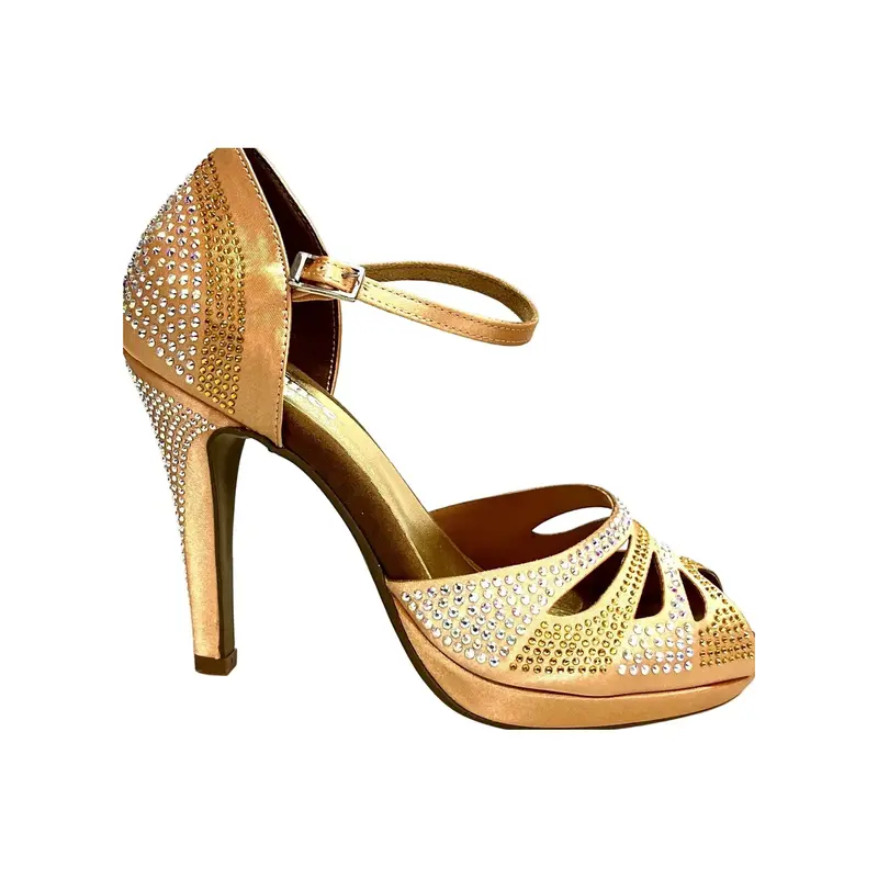 Alexa (LP4) - Scarpa da Ballo Salsa in Raso Seta Carne Flesh Con Swarovski Boreali e Beige con Tacco alto a Spillo largo e Plateau Confort Flex