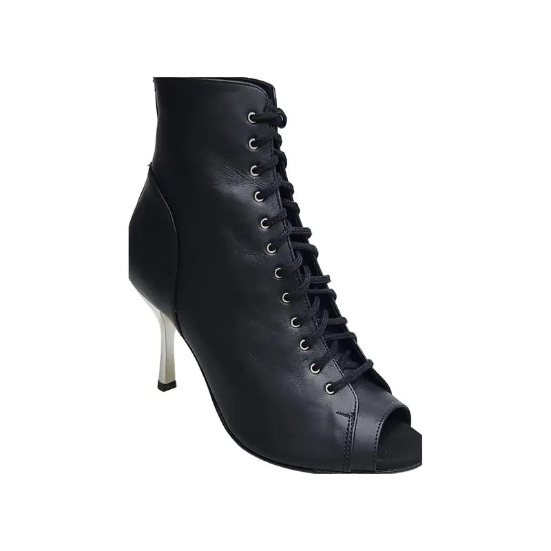 ALEXIS Black Silver (Art. 132) - Mezzo Stivaletto con Zip in Pelle Nera Tacco a Stiletto Squadrato Sottile in Alluminio Laminato Argento - Latino Americano