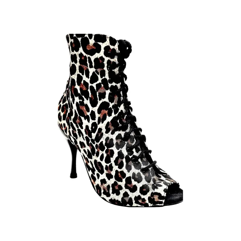 ALEXIS Leyopa (Art. 132) - Mezzo Stivaletto con Zip in Raso seta Maculato Leopardo Bianco Tacco a Spillo in Alluminio Smaltato Nero - Latino Americano