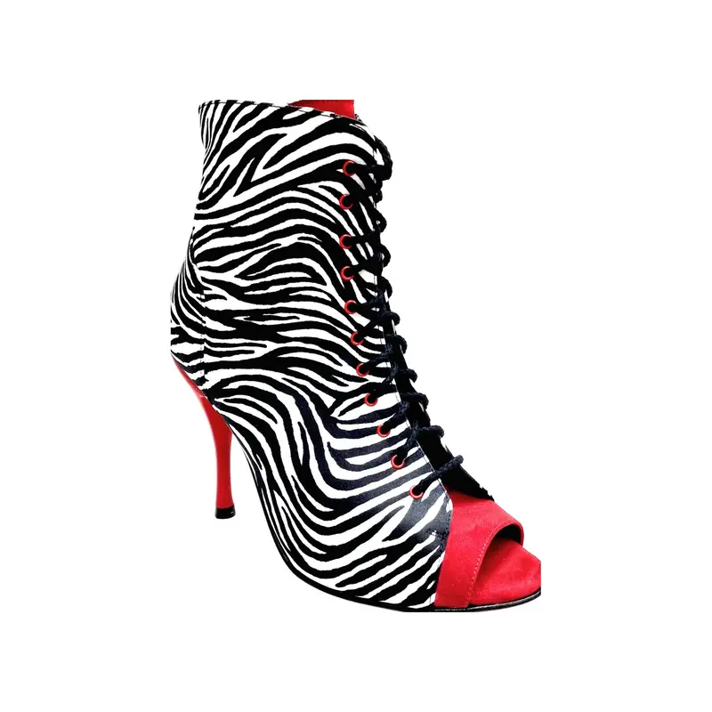 ALEXIS Zebra (Art. 132) - Mezzo Stivaletto con Zip in Raso seta Zebra inserti in Camoscio Rosso Tacco a Spillo in Alluminio verniciato effetto Gommato Rosso - Latino Americano