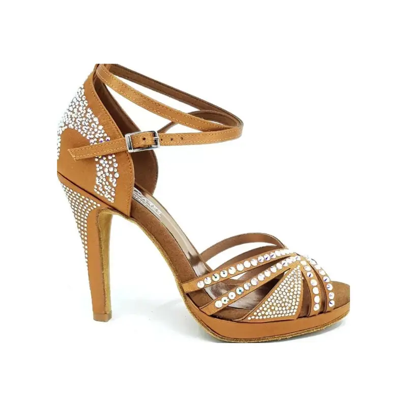 ALMA Dream (LP3) - Scarpa da Ballo Salsa da Donna in Raso Seta Bronzo Tan con Swarovski Boreali Cinturino Doppio alla Caviglia con Tacco Alto a Spillo Largo e Platea Confort Flex