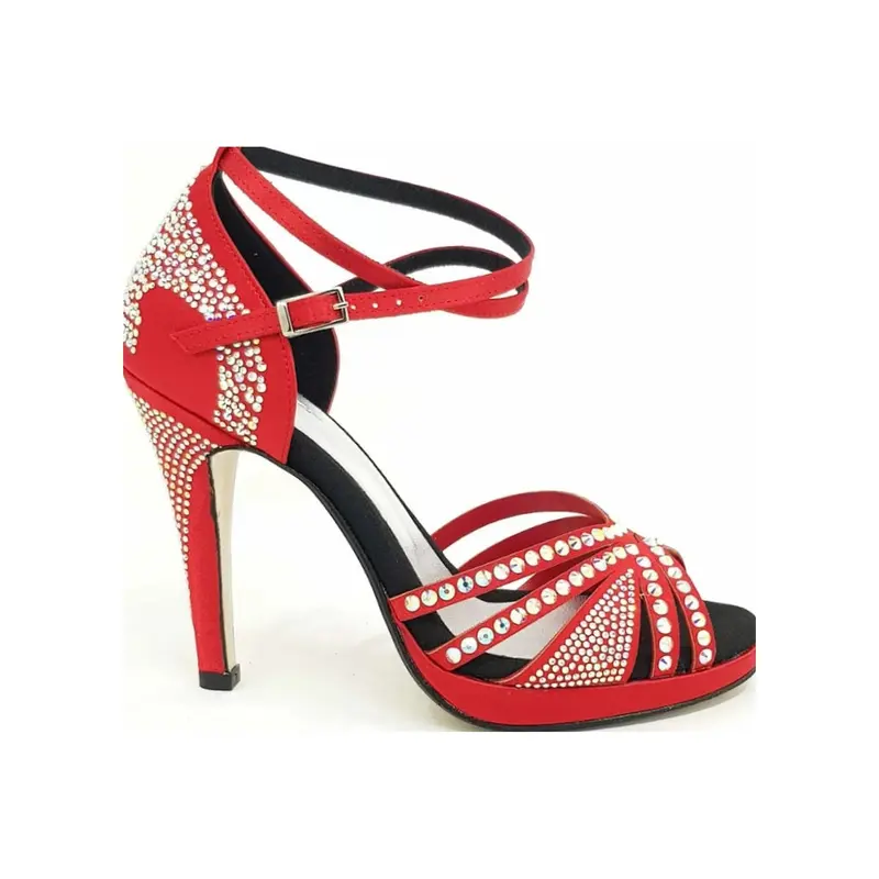 ALMA Dream (LP3) - Scarpa da Ballo Salsa da Donna in Raso Seta Rosso Intenso con Swarovski Boreali Cinturino doppio alla Caviglia con Plateau e Tacco Alto a Spillo Largo