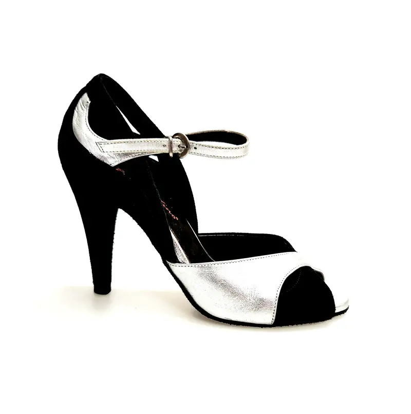 AMINA F.533 (R.L. by WISH DANCE) - Sandalo da Ballo Salsa donna  in camoscio Nero e Pelle Argento  con Tacco a Spillo Largo