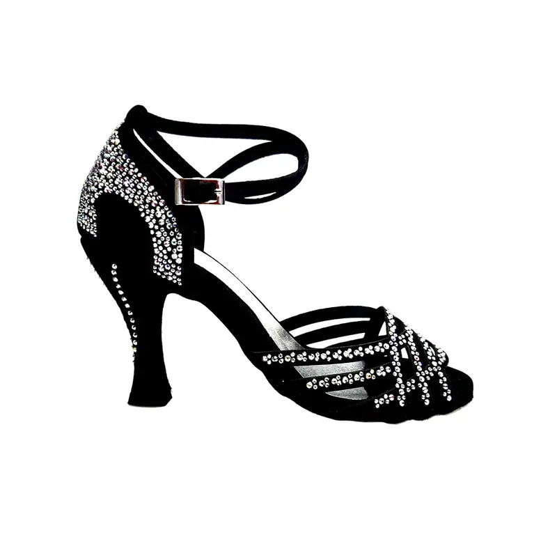 ANITA QB (Marea L143) - Scarpa da Ballo Latino Americano Donna Linea Bi-Flex in Raso Seta Nero Con Swarovski Boreali Cinturino Incrociato alla Caviglia Tacco a Rocchetto