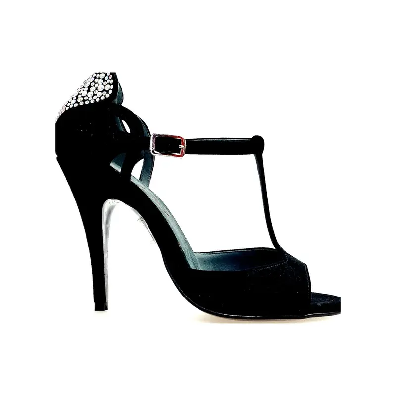 BELL/C Plus Black Cuore SW Boreali  F.3407 (R.L. by WISH DANCE) - Sandalo da Ballo Salsa donna in camoscio nero e Cuore di Swarovski Boreali con Tacco Alto a Spillo sottile