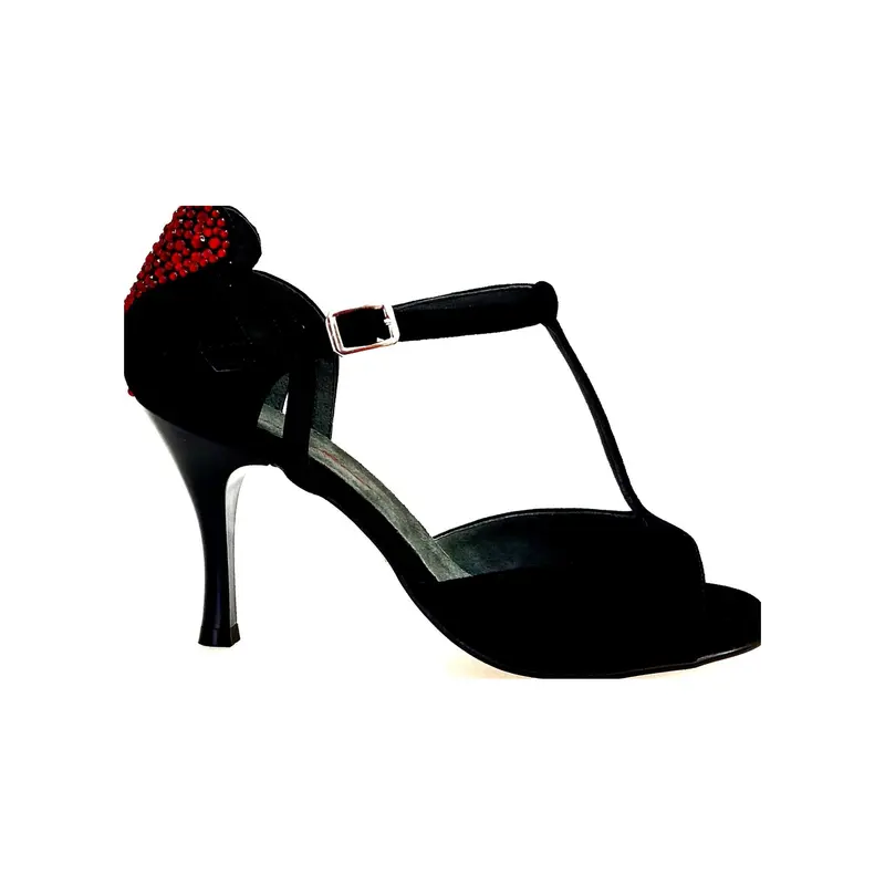 BELL/C Plus Black Cuore SW Red  F.3407 (R.L. by WISH DANCE) - Sandalo da Ballo Kizomba donna in camoscio nero e Cuore di Swarovski Rosso con Tacco a Rocchettino Smaltato nero