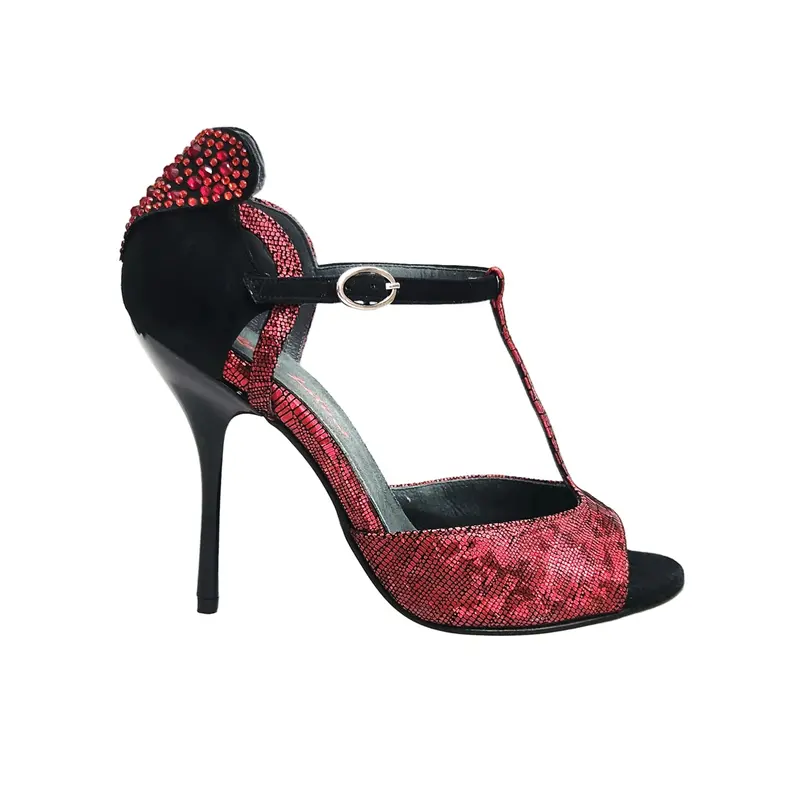 BELL/C Plus Red Cuore SW Red F.30566 (R.L. by WISH DANCE) - Sandalo da Ballo Kizomba donna in camoscio nero e Cuore di Swarovski Rosso e Galleria Rosso con Tacco a Spillo Sottite Smaltato nero