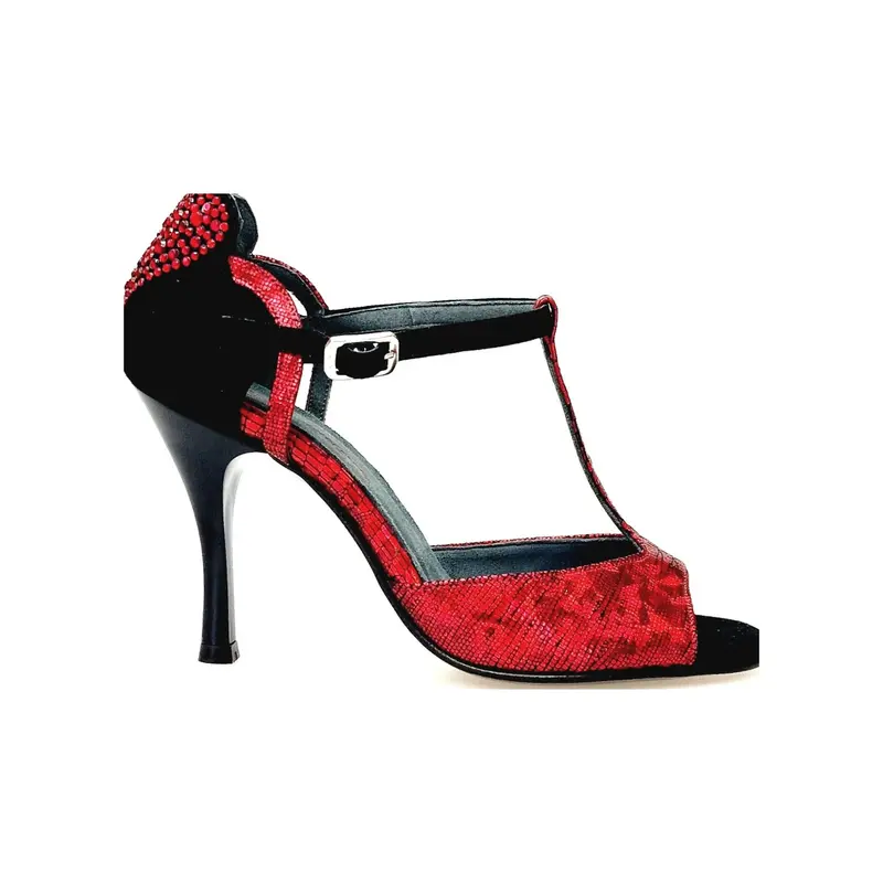 BELL/C Plus Red Cuore SW Red F.3407 (R.L. by WISH DANCE) - Sandalo da Ballo Salsa donna in camoscio nero e Cuore di Swarovski Rosso e Galleria Rosso con Tacco a Rocchettino Smaltato nero