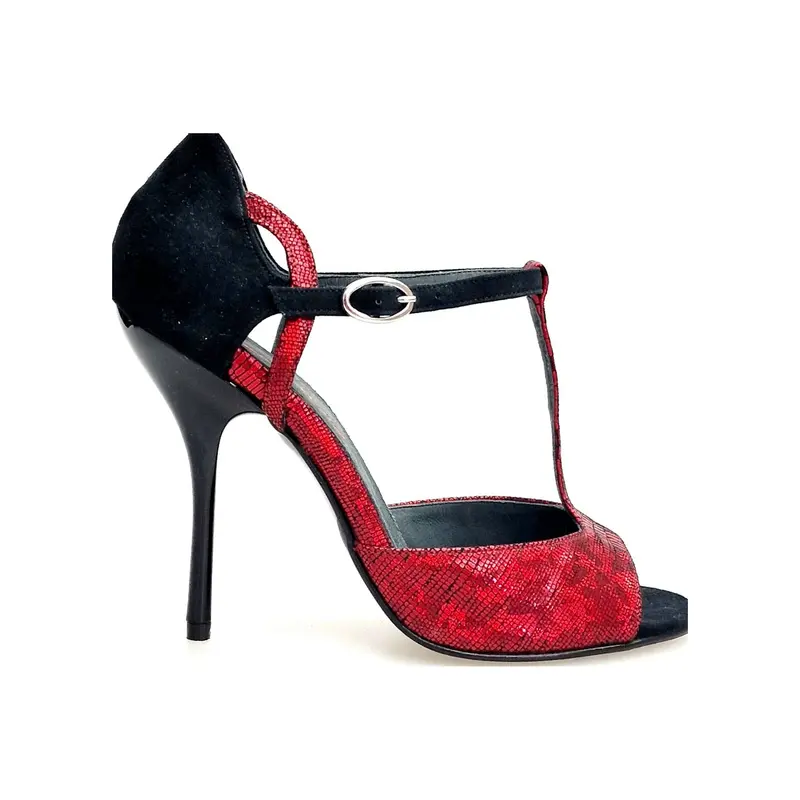 BELL Red/Black (R.L. by WISH DANCE) - Sandalo da Ballo Kizomba donna in camoscio nero e Galleria Rosso con Tacco Alto a Spillo Sottile Smaltato nero