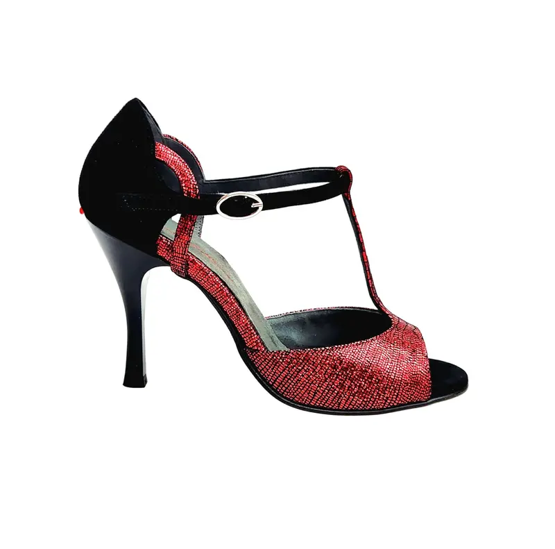 BELL Red/Black (R.L. by WISH DANCE) - Sandalo da Ballo Salsa donna in camoscio nero e Galleria Rosso con Tacco Alto a Rocchettino Sottile Smaltato nero
