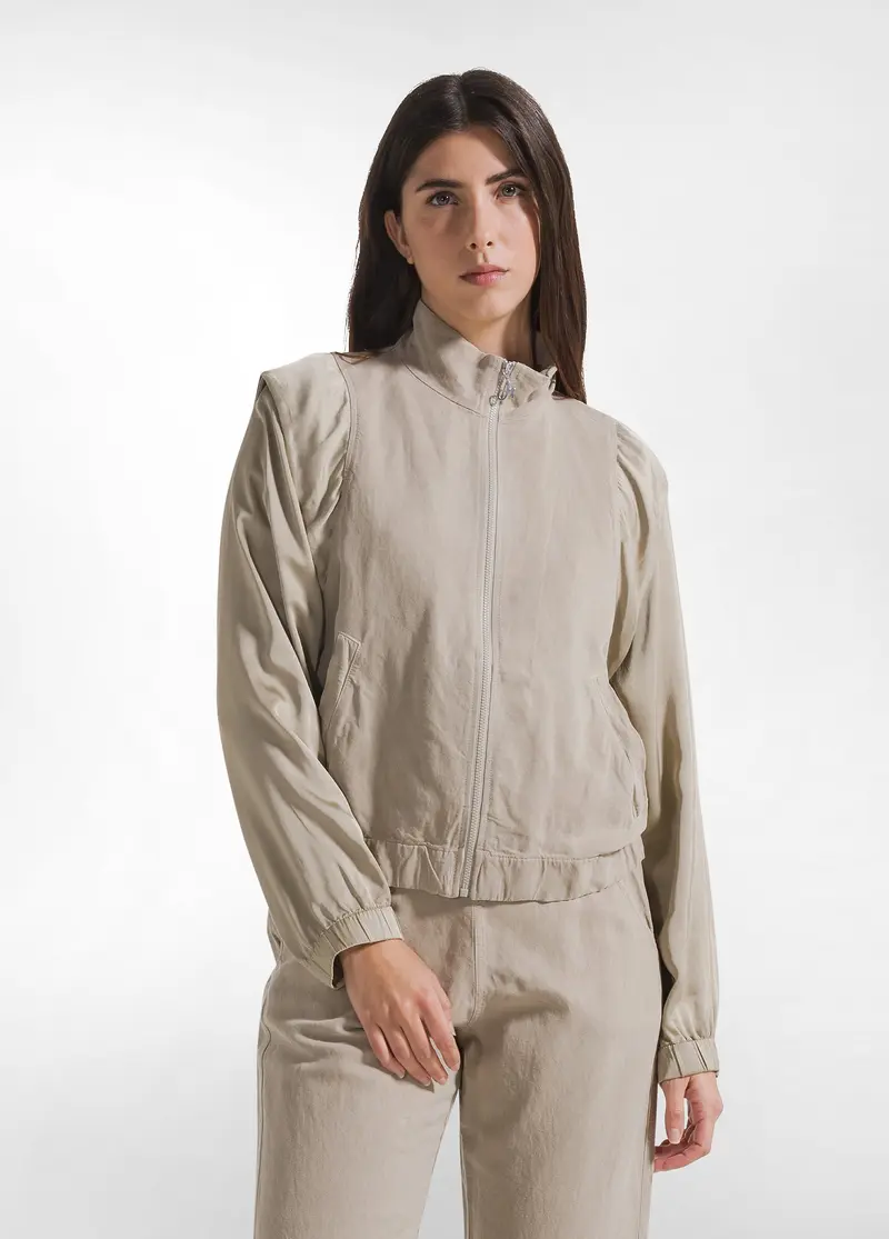 BOMBER IN LINO CON MANICHE IN SATIN E ZIP BEIGE