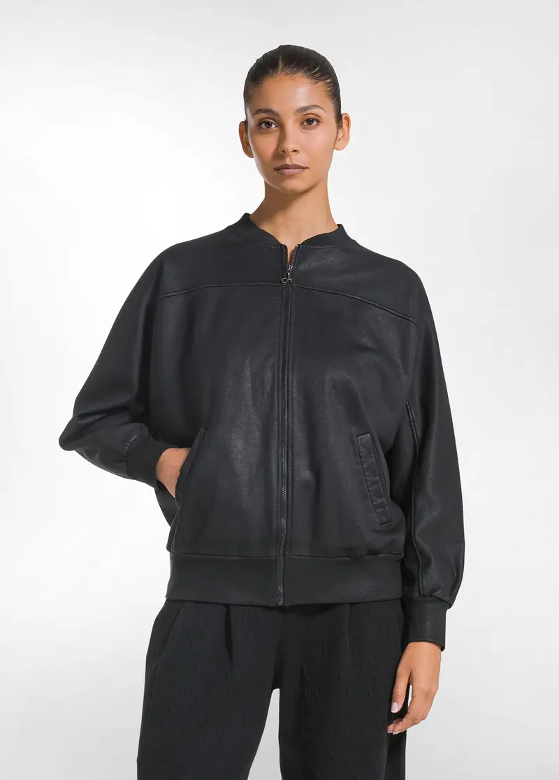 BOMBER ZIP COTONE ORGANICO EFFETTO PELLE NERO