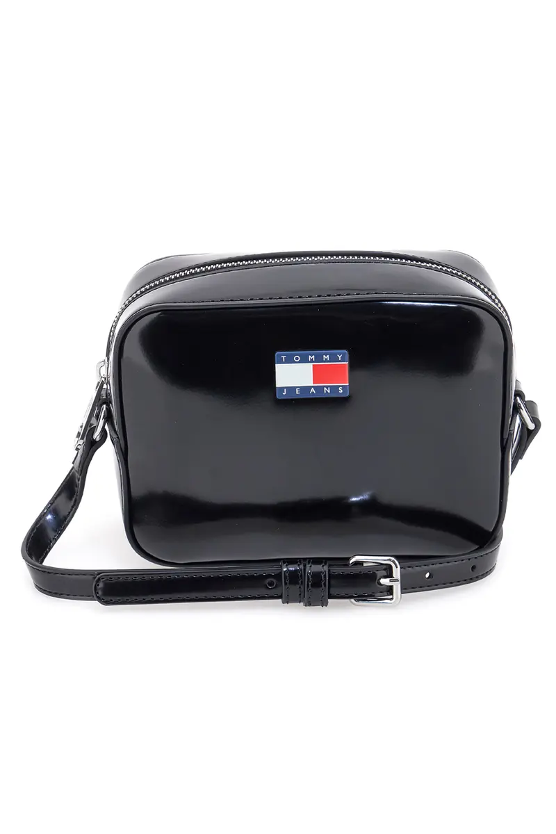 Borsa a tracolla nera effetto lucido Tommy Camera Bag