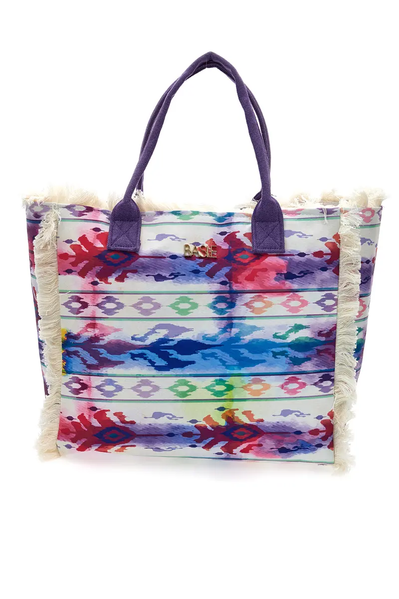 Borsa mare viola con stampa colorata e frange Basile BA23601