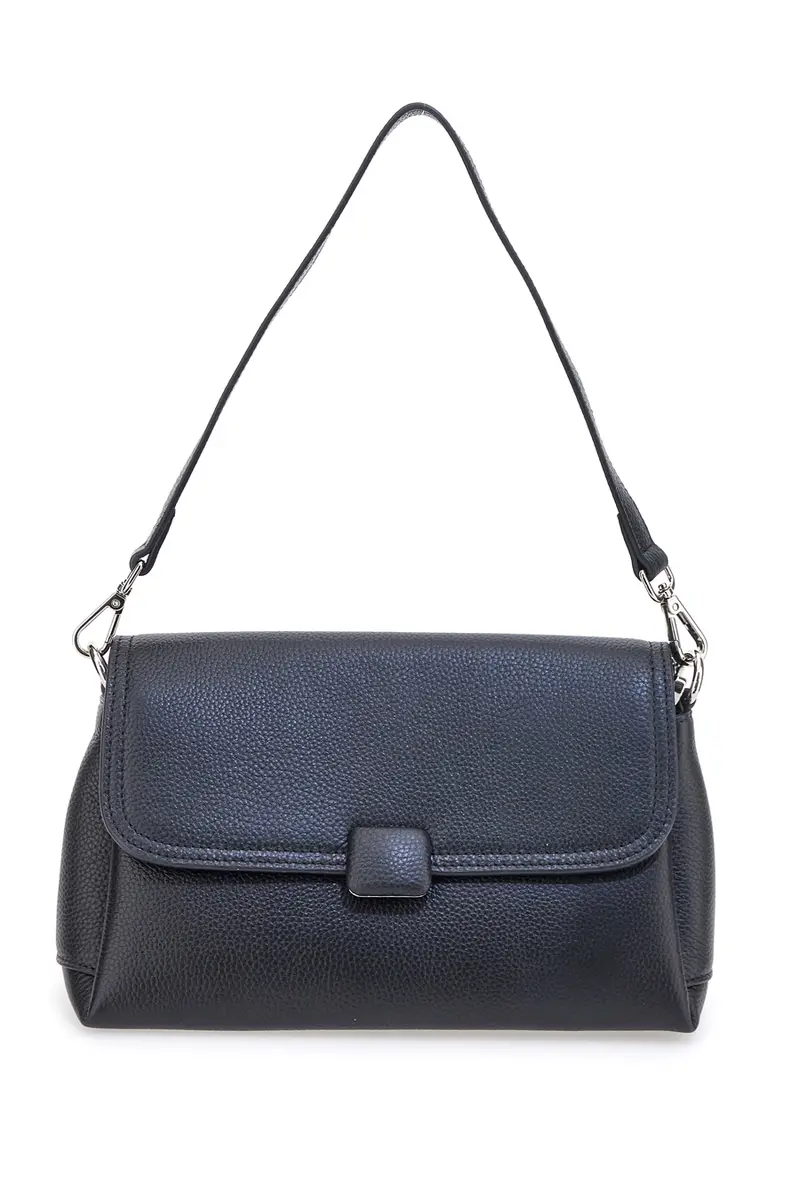 Borsa nera in vera pelle con manico corto e tracolla First Lady SL 68870