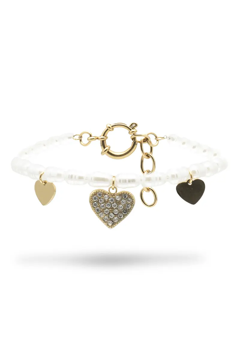 Bracciale con Catena di Cuori e Perle in Acciaio Dorato