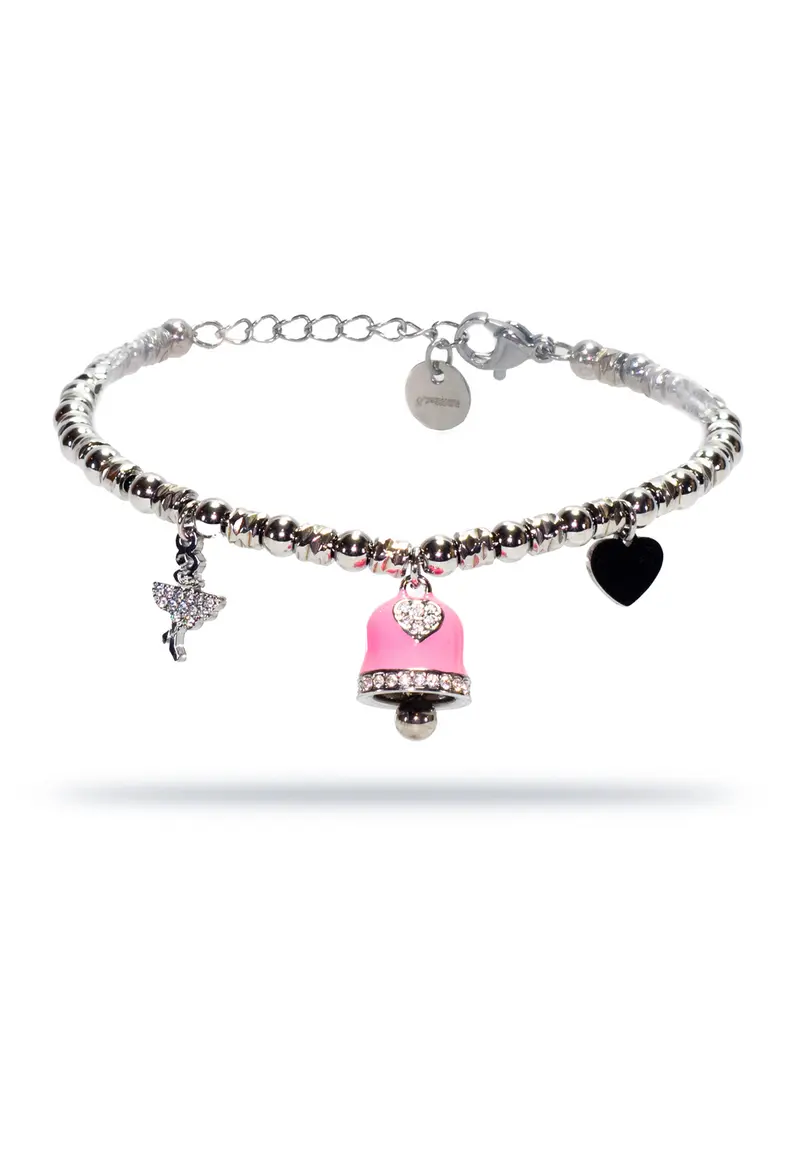 Bracciale in acciaio silver a sfere con charms rosa e strass