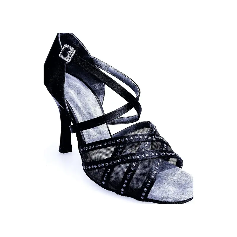Brigitte QC (1538H) -Scarpa da Ballo Salsa Donna Raso Nero con Rete e Strass Nero