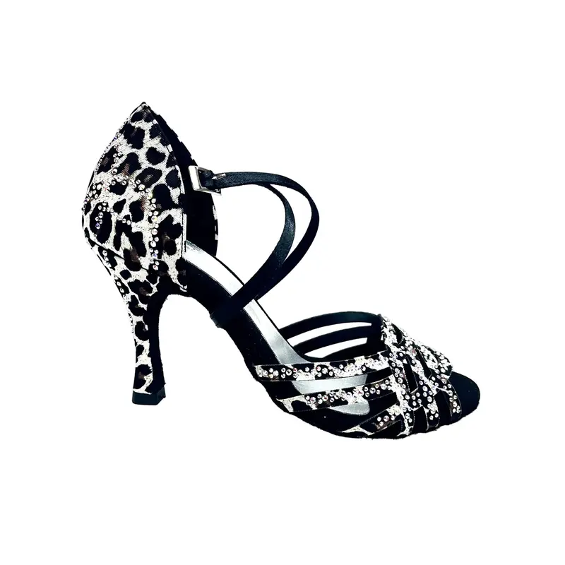 CAROLIN QC (Marea L14) - Scarpa Da Donna Bi-Flex in Raso Seta Leopardo Bianco Con Swarovski Boreali e Tacco a Rocchetto/Slim Latino Alto
