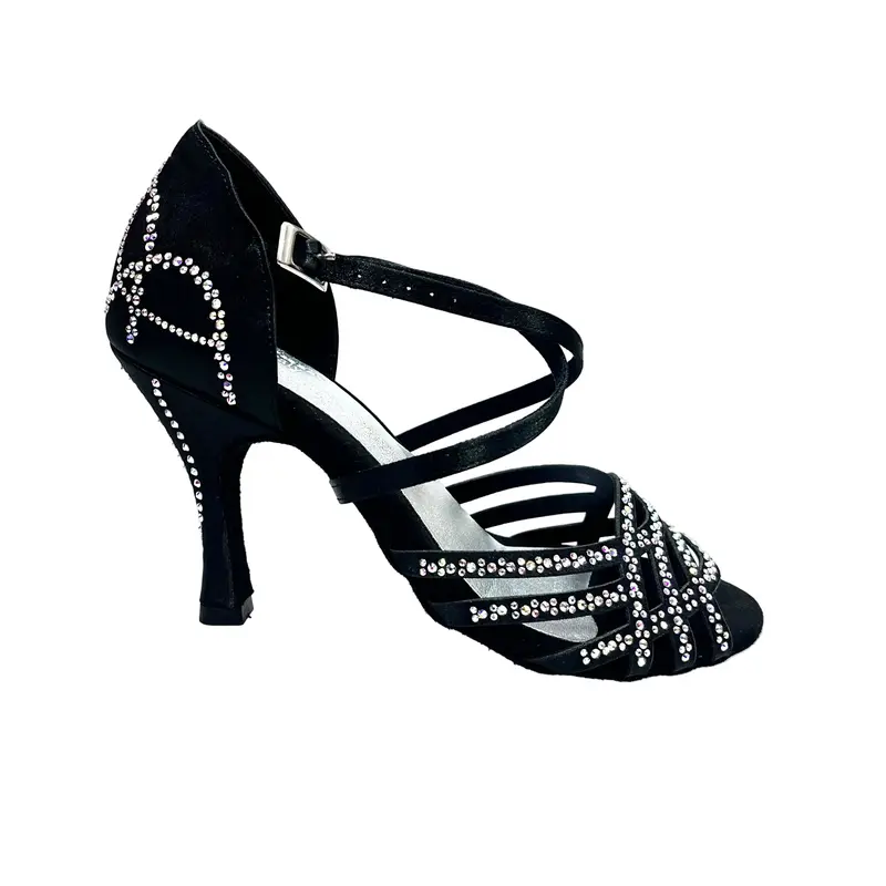 CAROLIN QC (Marea L14) - Scarpa Da Donna Linea Bi-Flex in Raso Seta Nero Corvino Con Swarovski Boreali e Tacco a Rocchetto/Slim Latino Alto