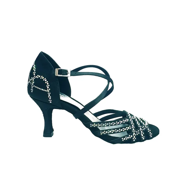 CAROLIN QC (Marea L14) - Scarpa Da Donna Linea Bi-Flex in Raso Seta Nero Corvino Con Swarovski Boreali e Tacco a Rocchetto/Slim Latino Basso