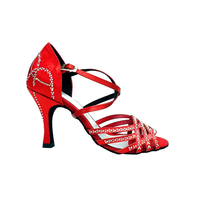 CAROLIN QC (Marea L14) - Scarpa Da Donna Linea Bi-Flex in Raso Seta Rosso Con Swarovski Boreali e Tacco a Rocchetto/Slim Latino Alto