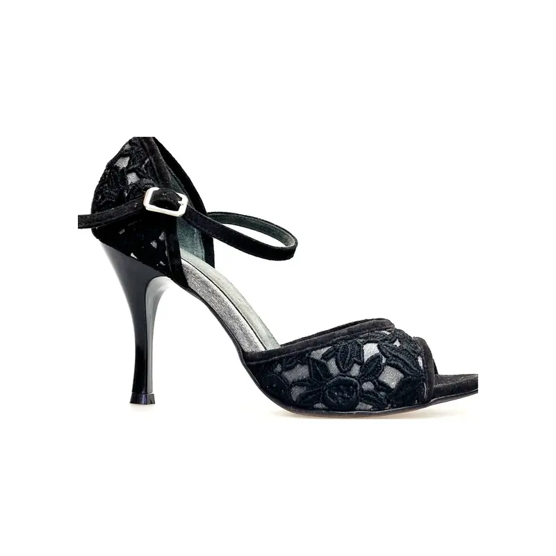 CATE/BO Black (R.L. by WISH DANCE) - Sandalo da Ballo Bachata donna in camoscio nero e Pizzo Sally Nero con Tacco a Rocchettino Smaltato nero