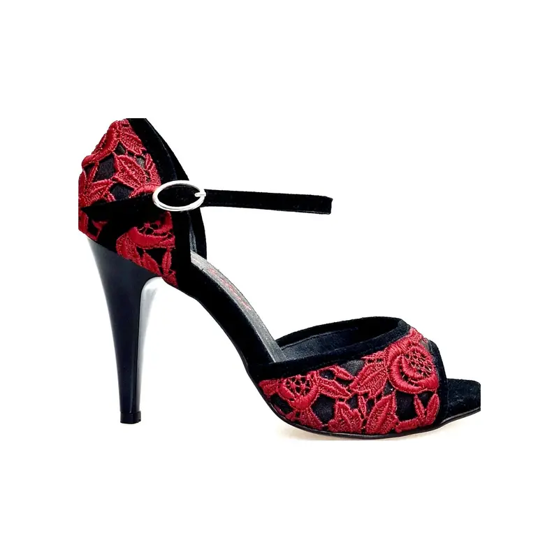 CATE/BO Red F.626 (R.L. by WISH DANCE) - Sandalo da Ballo Kizomba donna in camoscio nero e Pizzo Sally Rosso Granada con Tacco a Spillo largo Smaltato nero