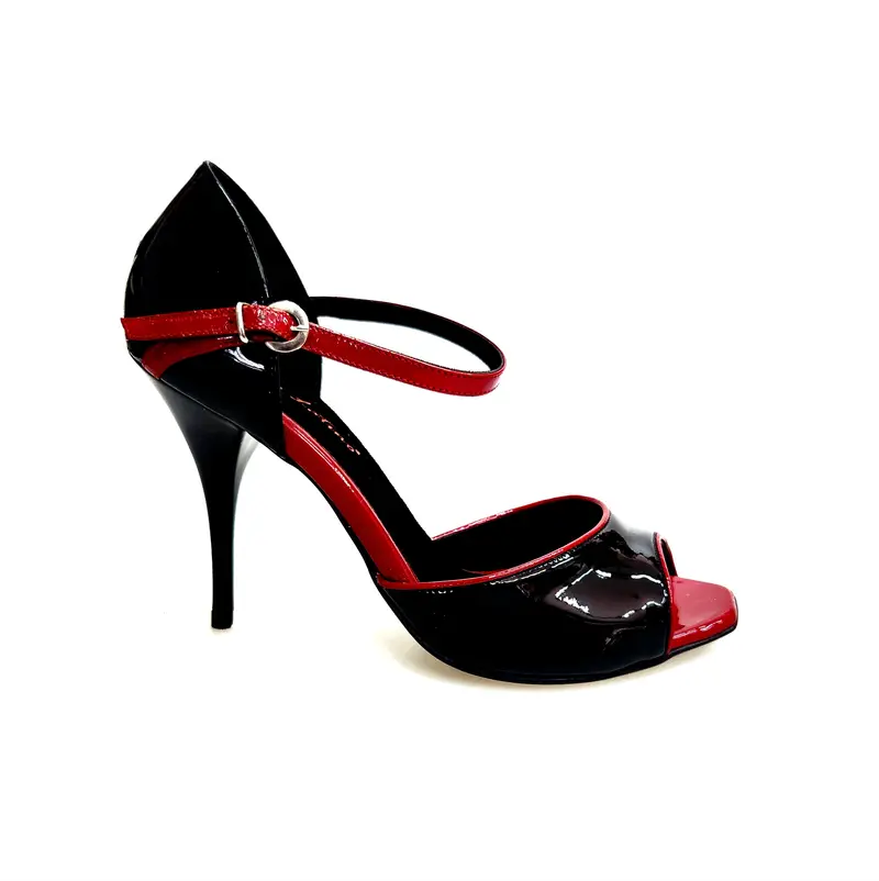 CATE/P (F626) R.L. by WISH DANCE - Sandalo da Ballo Salsa Donna in Vernice Nera  Vernice Rossa e Profili Rossi Tacco a Spillo Smaltato Nero