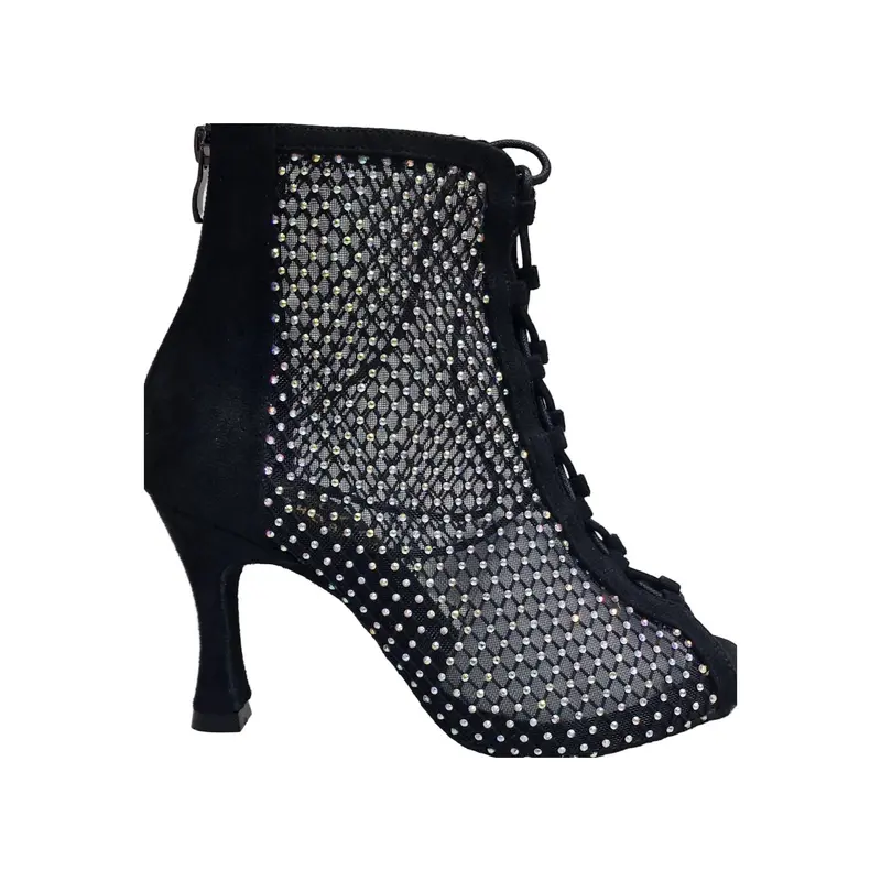 CLOE Dreams Black (L637) - Mezzo Stivaletto con Zip in Simil Camoscio Vegan e Rete Nera Incrociata con Strass Boreali Tacco a Rocchetto - Salsa