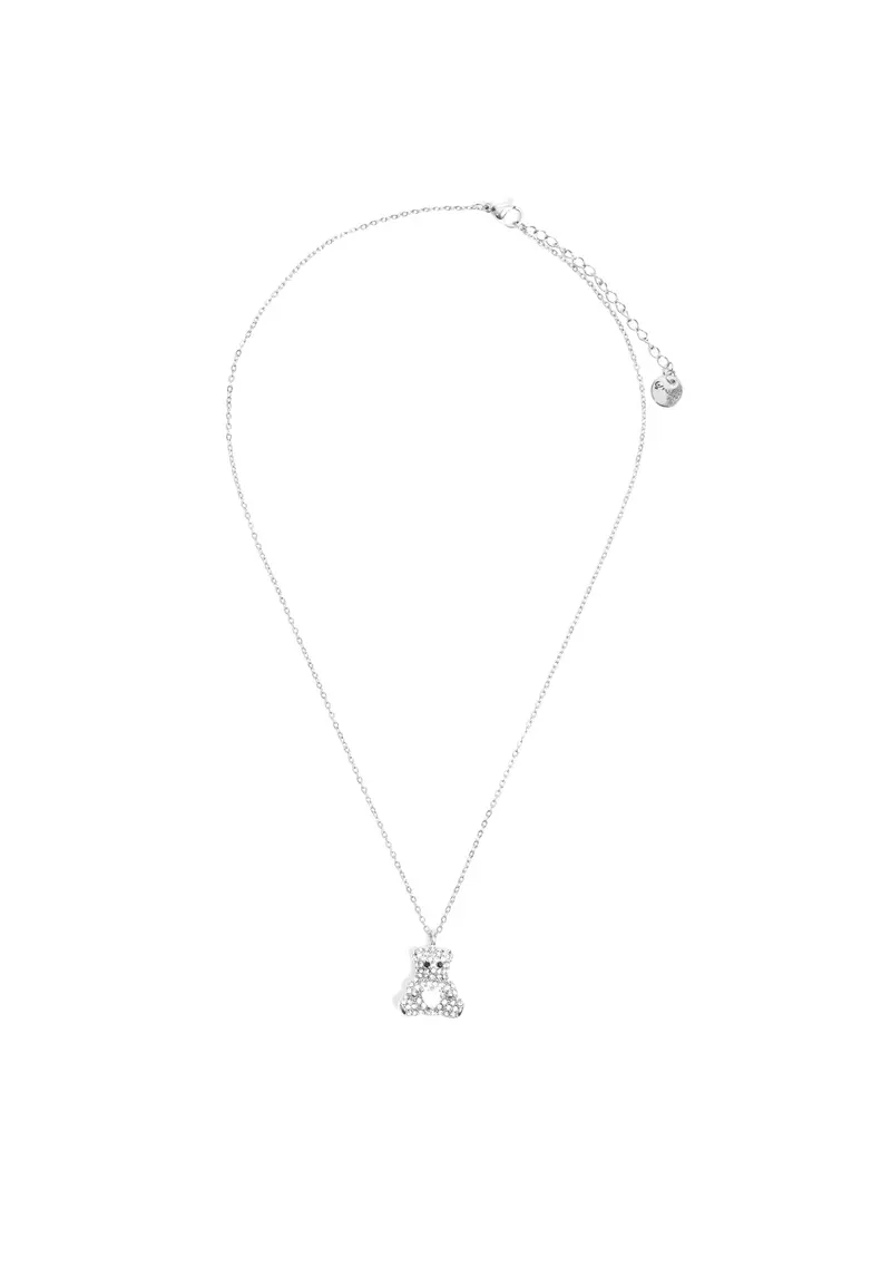 Collana in acciaio argentato con pendente orsetto e strass