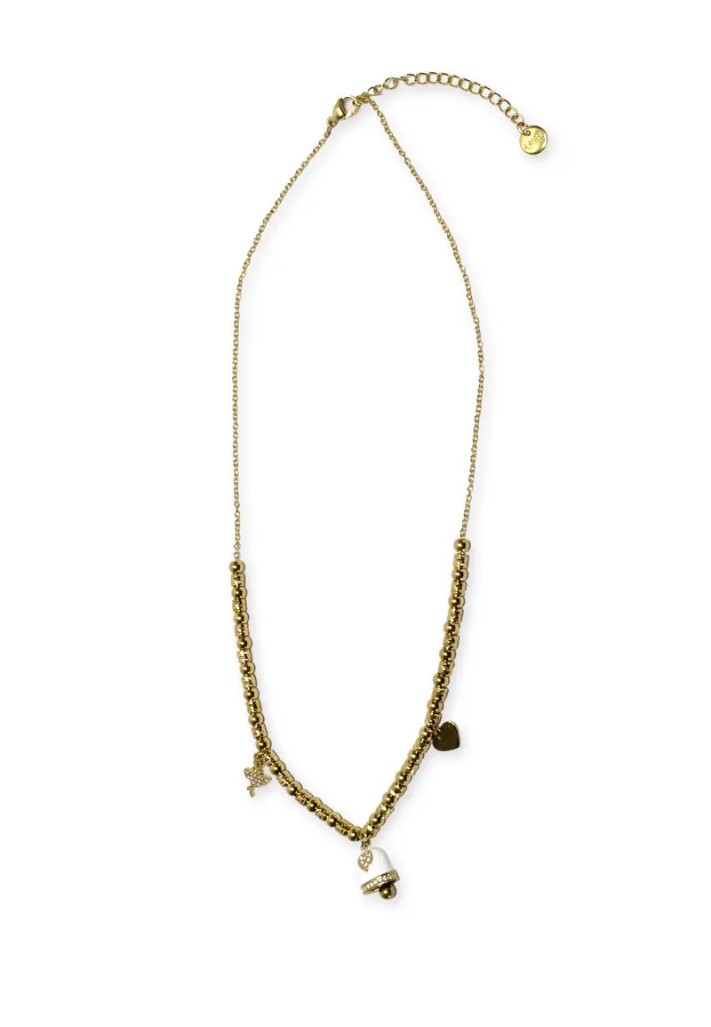Collana in acciaio gold a sfere con charms bianco e strass