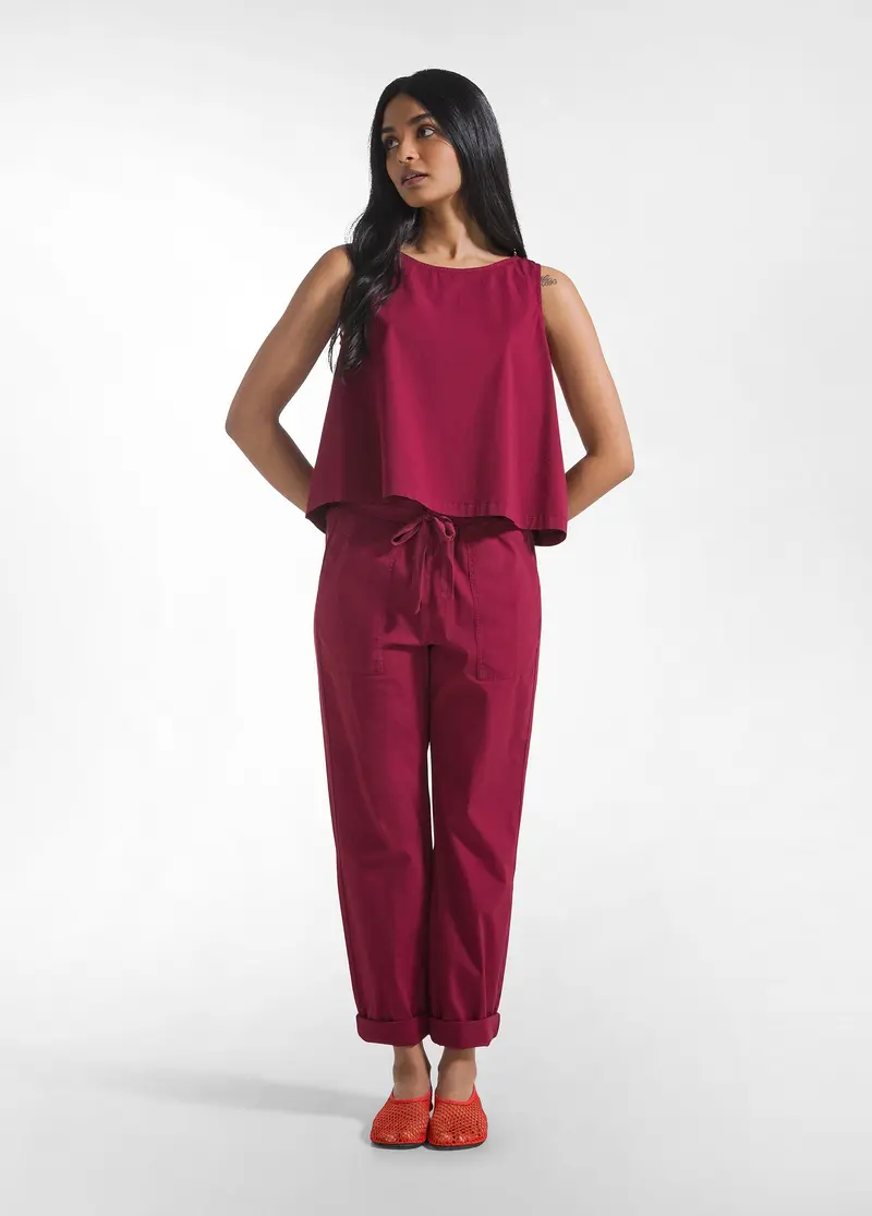 COMPLETO TOP E PANTALONI DRITTI IN POPLINE ELASTICIZZATO ROSSO