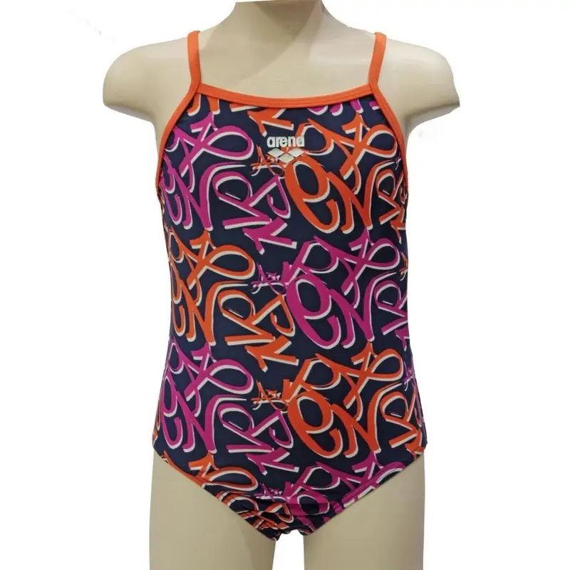Costume piscina da bambina Arena blu, arancio e fuxia