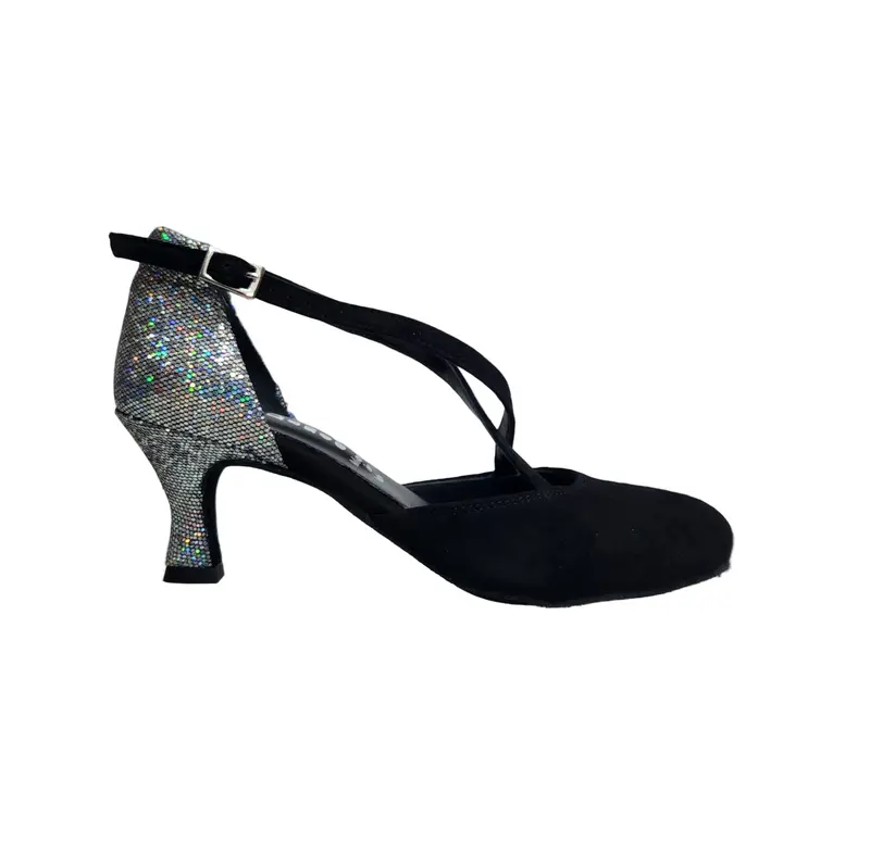 CUCCARINI ELITE (178PT) - Scarpa da Ballo Standard Donna Semichiusa in vero Camoscio Nero e Tessuto Boreale Silver