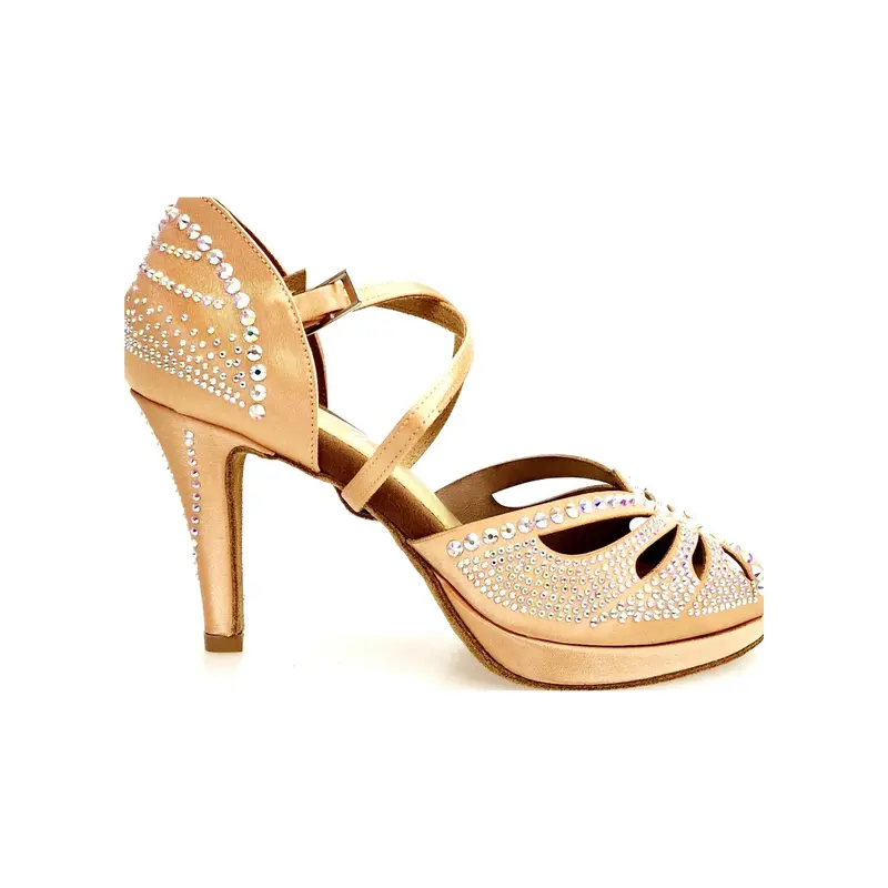 DADA Diamond Plus QC (LP55) - Scarpa da Ballo Salsa da Donna in Raso Seta Carne Flesh cinturino incrociato al collopiede con Swarovski Boreali Tacco a Spillo Largo Basso e Plateau Flex