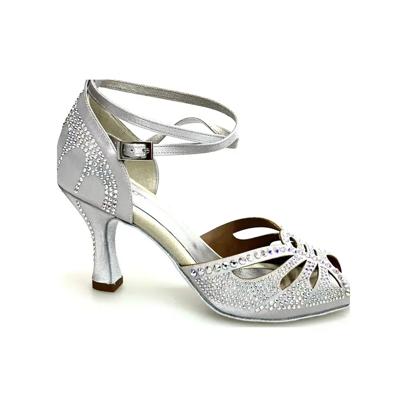DADA Diamond QB (L52) - Scarpa da Ballo Latino Americano da Donna in Raso Argento Cinturino incrociato alla caviglia Con Swarovski Boreali
