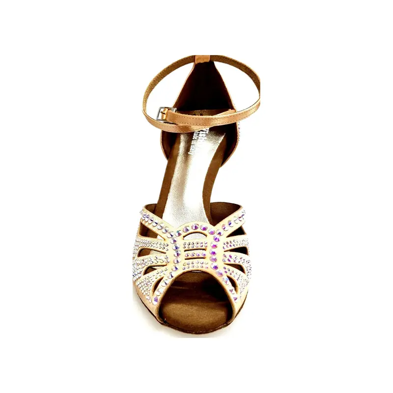 DADA Diamond QB (L52) - Scarpa da Ballo Latino Americano da Donna in Raso Carne Cinturino incrociato alla caviglia Con Swarovski Boreali Tacco a Stiletto Squadrato Laminato Oro