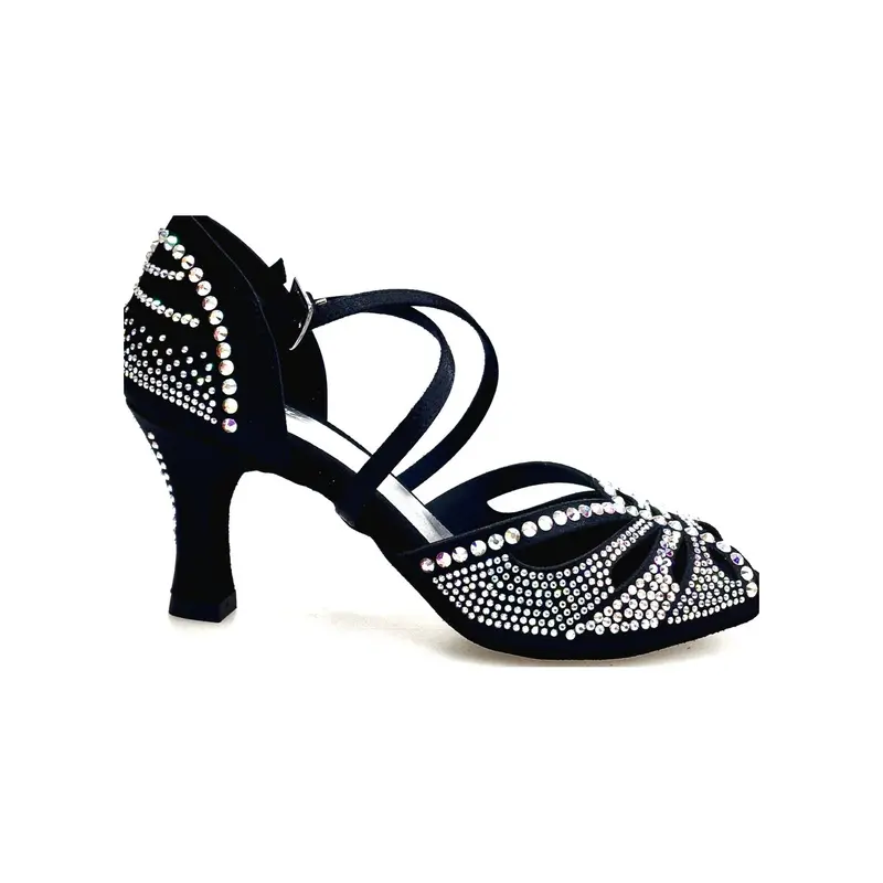 DADA DIAMOND QC (L55) - SCARPA DA BALLO Salsa DA DONNA IN RASO SETA NERO CON SWAROVSKI BOREALI CINTURINO INCROCIATO SUL COLLOPIEDE CON SWAROVSKI BOREALI E TACCO A ROCCHETTO