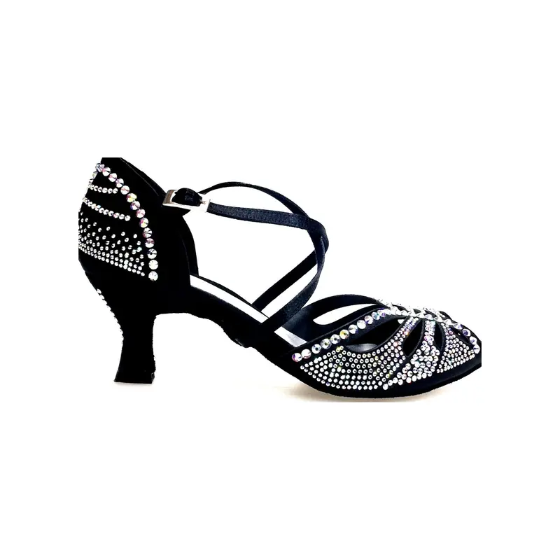DADA DIAMOND QC (L55) - SCARPA DA BALLO Salsa DA DONNA IN RASO SETA NERO CON SWAROVSKI BOREALI CINTURINO INCROCIATO SUL COLLOPIEDE TACCO BASSO A ROCCHETTO