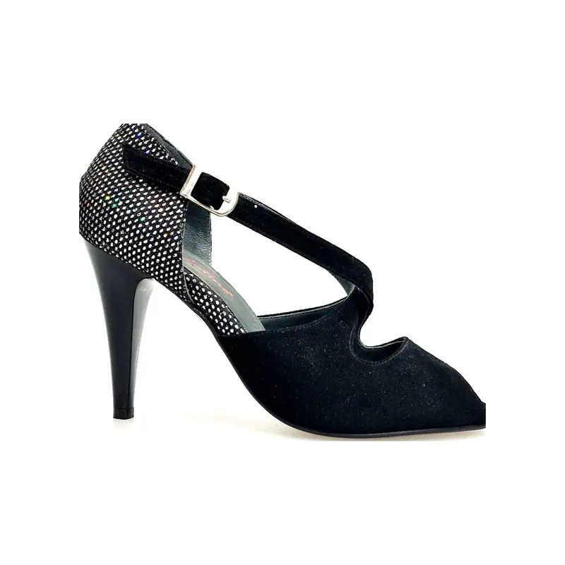 DANY Black  F.3407 (R.L. by WISH DANCE ) - Avanti Camoscio Nero Tallone Tessuto Rachele Boreale multicolor Tacco a spillo largo Smaltato nero - Kizomba