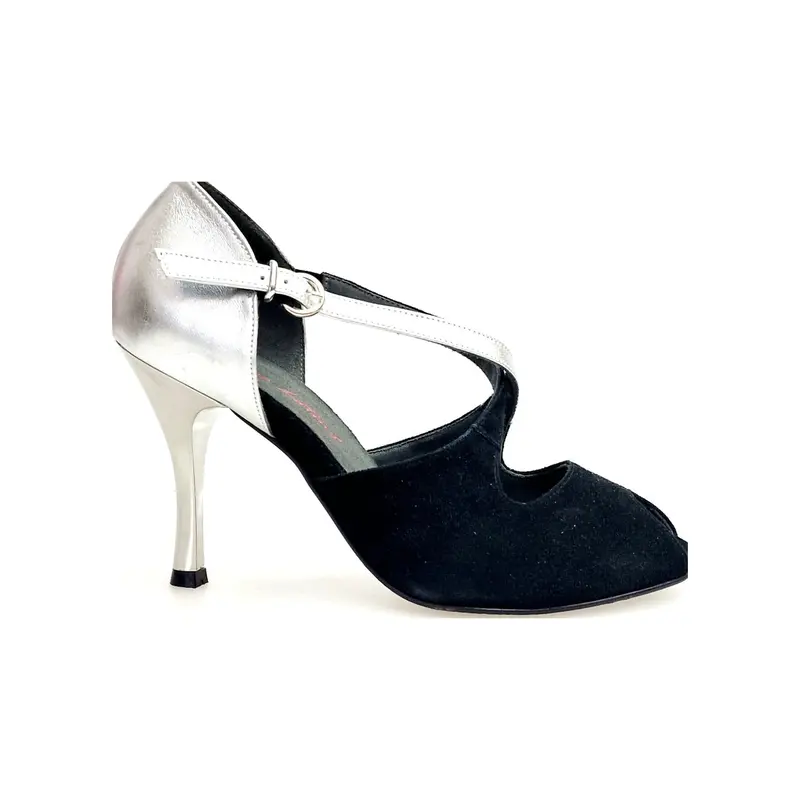 DANY Black F.3407 (R.L. by WISH DANCE ) - Camoscio Nero Tallone Pelle Argento Tacco a Rocchettino a Stiletto Laminato Argento - Salsa