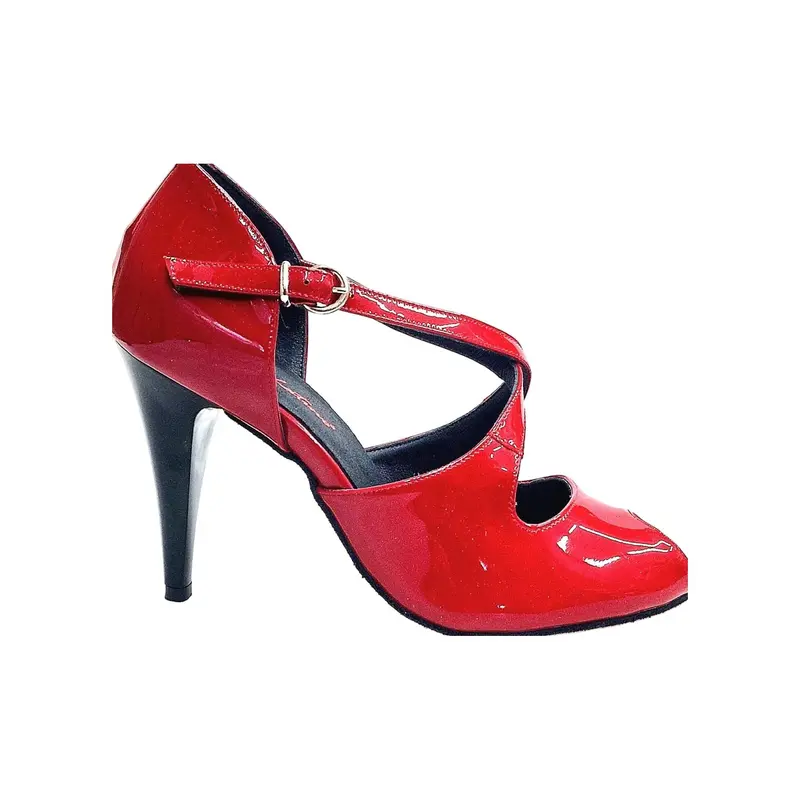 DANY Red (R.L. by WISH DANCE) - Scarpa da Ballo Salsa donna in Pelle di Vernice Rossa con Tacco a Spillo largo Smaltato nero