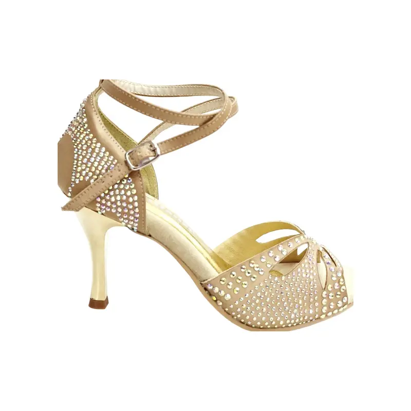 Delux Butterfly PW (L2PW) - Scarpa da Ballo Latino Americano in Raso Seta color Champagne con Swarovski Boreali Tacco a Stiletto e a  Spillo Laminato Oro